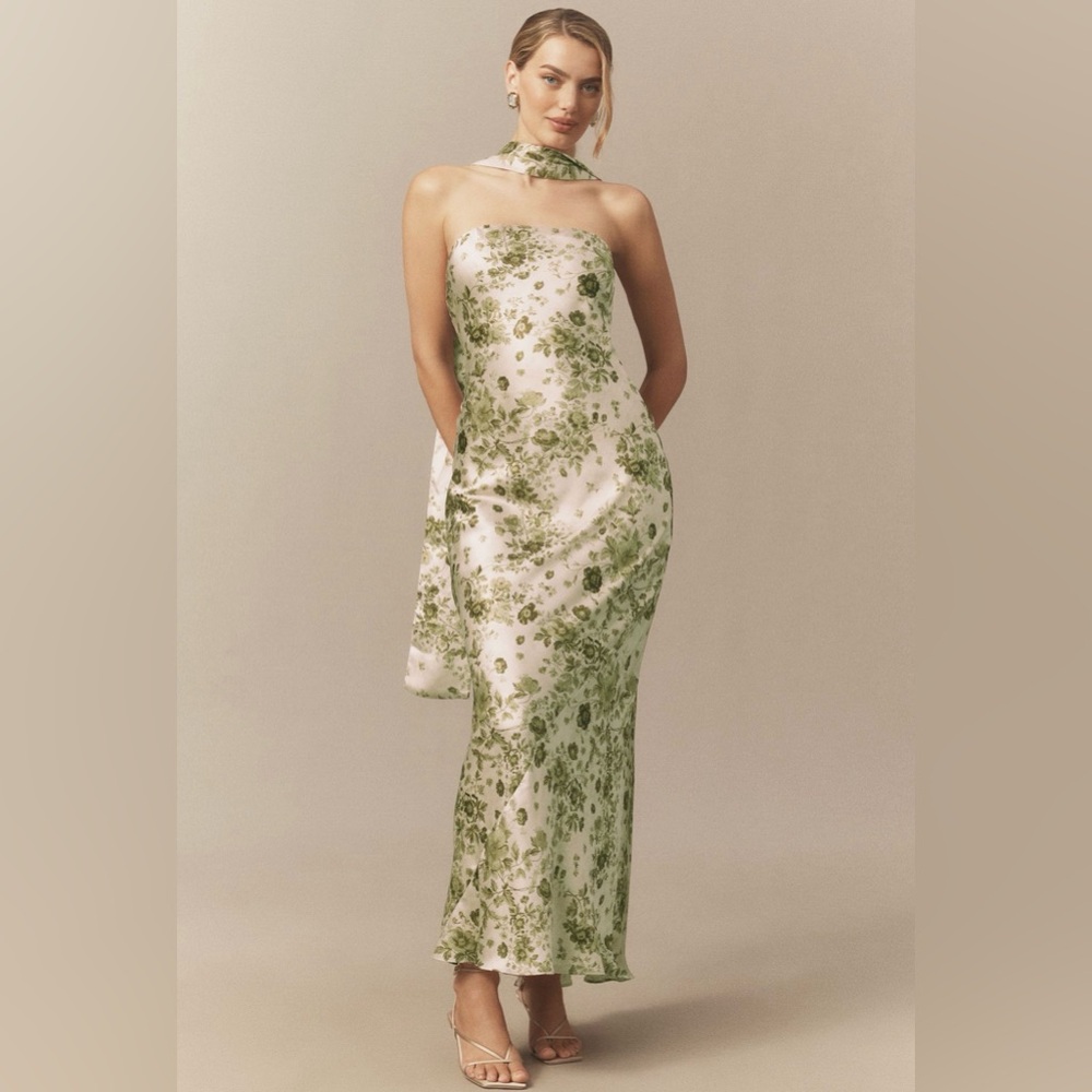 BHLDN Nesta Olive Green Strapless Satin Scarf Maxi Dress M